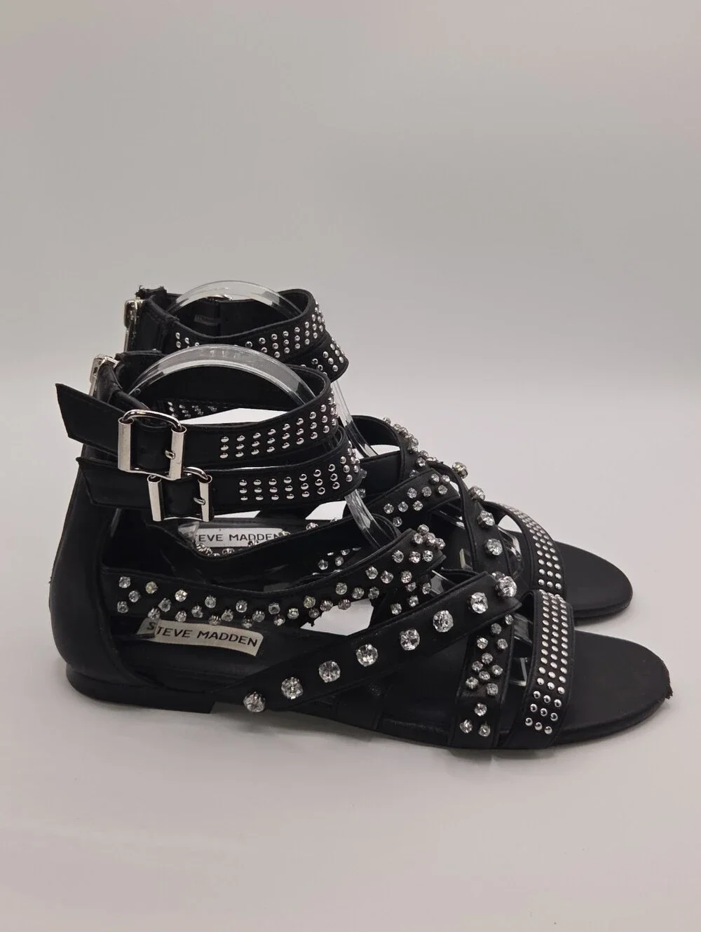 Steve Madden Black Studded Gladiator Sandals Crystal Details Womens Size 7.5M